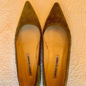 Manolo Blahnik Olive Green Suede Flats